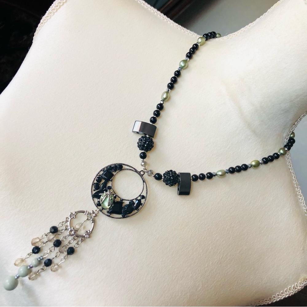Handcrafted repurpose sage freshwater genuine stone Czech glass Pearl necklace